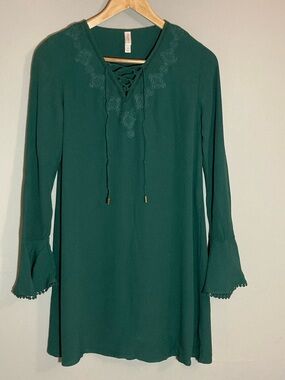 Long Sleeve Lace-Up V-Neck Emerald Green Shift Dress Sz S